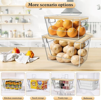 4 Set Stackable Storage with Removable Bamboo Cover, Plastic Container for Kitchen Organizers, Clear Front Open More Easy Access Bins Storage for Pantry, Potato, Onion, Garlic, Fruits, Vegetable