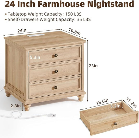 Joaxswe Farmhouse Nightstand with Charging Station, 24" Wide End Table with 3 Drawers,Natural Wood Dresser Cabinet for Bedroom, Bed Side Table Chest of Drawers,Night Stand for Living Room, Closet