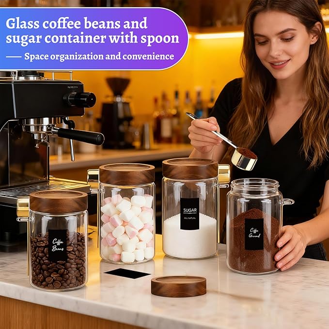 Airtight Glass Storage Jar with Lids Spoons Labels Coffee Ground Canister Sugar Container for Coffee Beans Nut Pasta Sugar Candy Spice Rice Loose Tea(900ml/30oz-2Pack)