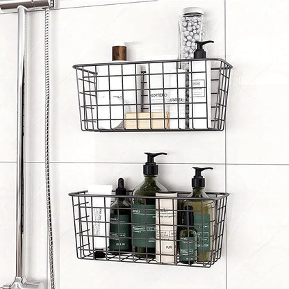 Adhesive Basket Wall Wire Basket Over the Cabinet Door Organizer No Drilling Mounted 4 Pack, Black