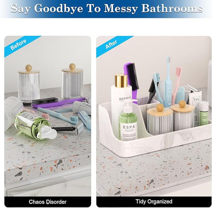 Polinook Marble Bathroom Countertop Organizer - Silicone Bathroom Vanity Countertop Organizer - Tooth Brush Organizer With 2PCS Qtip Holder Dispenser - Toothpaste Holder Drainage - Bathroom Essentials