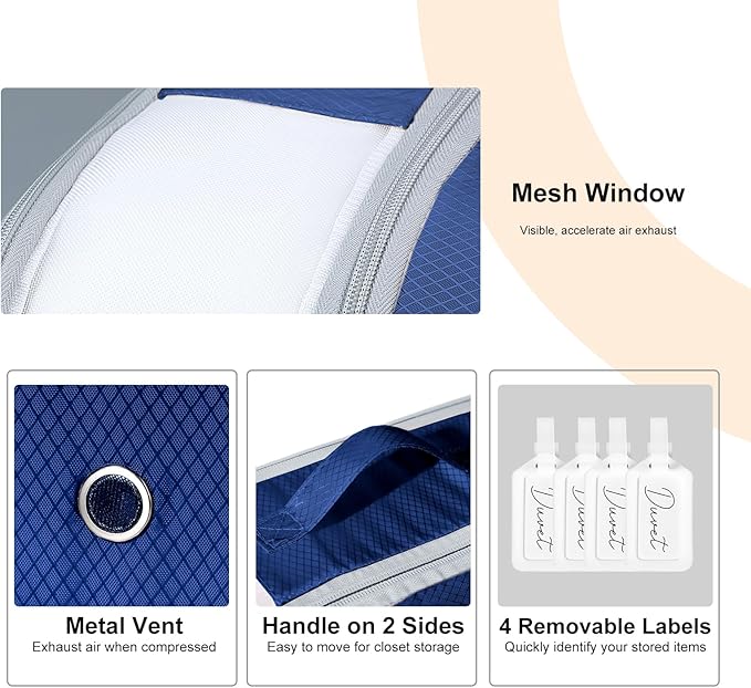 Easortm Comforter Storage Bag - Large Capacity Bedding Storage Bags Ultra Space Saving Self Compression Organizer, Washable Compression Bags for Storage Comforter Blanket Duvet, 4-Pack, Navy Blue