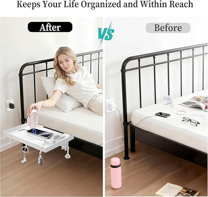 Foldable Bedside Shelf, Metal Clip-On Bed Tray Table for Bunk Bed & Dorm Beds, Dorm Room Essentials Organizer for College Students, Floating Tray, Space Saving Nightstand for Loft Beds (White, Small)