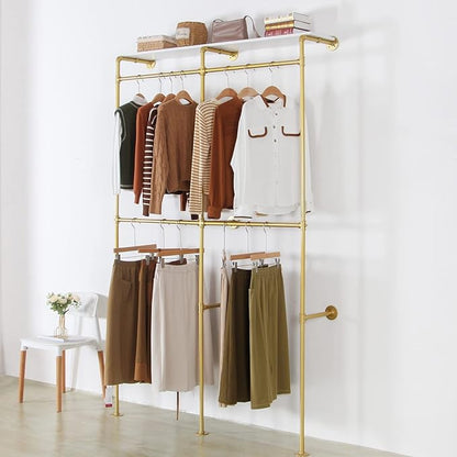 Modern Simple Industrial Pipe Double Hanging Rods Clothing Rack with Shelves, Heavy Duty Metal Clothes Rack Bedroom Freestanding Wardrobe Closet Rack, 93in Gold