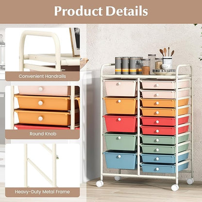 DORTALA 15-Drawer Rolling Storage Cart with Drawers, Rolling Utility Cart w/Removable Drawers & Universal Wheels, Tools Scrapbook Paper Organizer for School, Office, Home, Classroom (Macaroon Color)