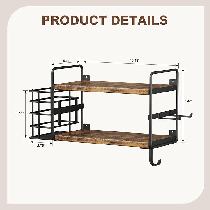 3-in-1 Wall Mounted Hair Dryer Holder with 2 Tier Shelves & Detachable Basket, Space Saving Organizer for Bathroom, Kitchen, Bedroom, Rust-Resistant, Easy Install (Rustic Brown)