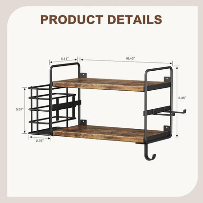 3-in-1 Wall Mounted Hair Dryer Holder with 2 Tier Shelves & Detachable Basket, Space Saving Organizer for Bathroom, Kitchen, Bedroom, Rust-Resistant, Easy Install (Rustic Brown)