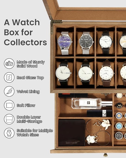Uten 10-Slot Watch Box, 2-Layers Solid Wood Watch Display Case with Glass Lid, Watch Holder Organizer with Soft Pillow and Velvet Lining, Watch and Jewelry Storage Box, Brown