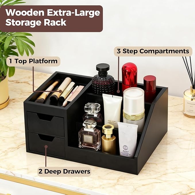 UUyuality Countertop Perfume & Makeup Organizer - Wooden Rack, Cologne Stand Shelves & Skincare Organizer for Bedroom Dresser, Organizador de Perfumes Estante para Perfumes (Middle, 01) (Black, 01)