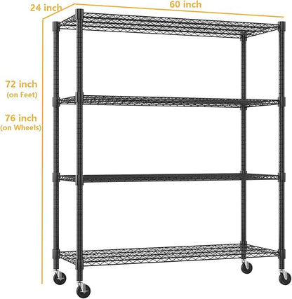 Himimi Storage Shelves 60" W Wire Shelving with Wheels 2600LBS Heavy Duty Metal Shelves for Storage, 4-Tier Adjustable Wire Rack Shelving Garage Shelving Kitchen Storage Shelves 24" Dx60 Wx72H, Black