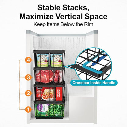 iSPECLE Freezer Organizer Bins - 4 Pack Stackable Deep Freezer Organizer Bins for 5 Cu.Ft Chest Freezer Easy Get Food from Bottom without Digging, Add Space Sort Store More Frozen Food, Black