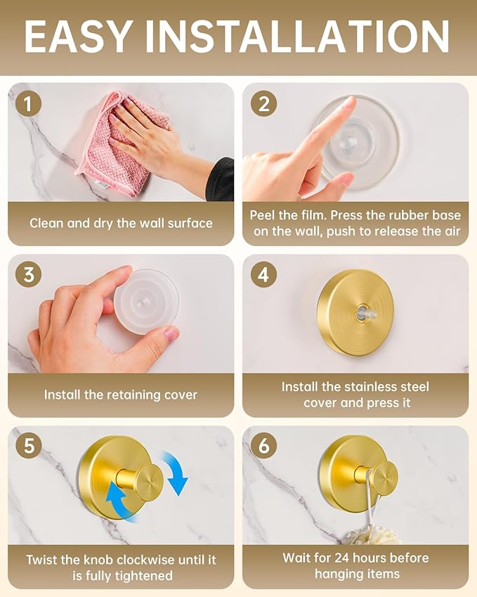 SwanKiss Suction Cup Hooks for Shower, Suction Cup Hooks for Door Wreaths, Robe Towel Hooks Heavy Duty for Bathroom Hanging, Windows, Kitchen, Glass, Mirror, No Drilling, 6 Pack (Gold)