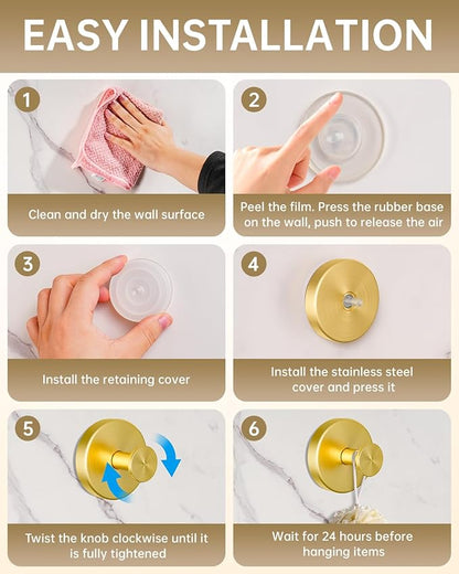 SwanKiss Suction Cup Hooks for Shower, Suction Cup Hooks for Door Wreaths, Robe Towel Hooks Heavy Duty for Bathroom Hanging, Windows, Kitchen, Glass, Mirror, No Drilling, 6 Pack (Gold)