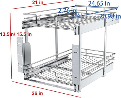 2 Tier Pull Out Cabinet Organizer, 26" W x 21" D Heavy-Duty Metal Sliding Drawer Shelf for Kitchen Cabinets, Chrome, Doesn't Include Door Fittings