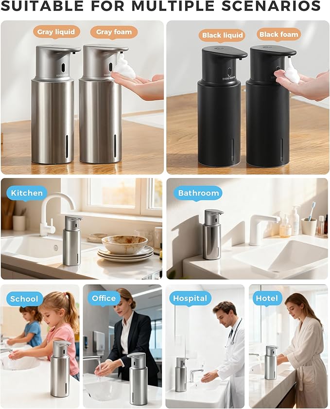 DODO MEKIA Automatic Foaming Soap Dispenser Touchless, 304 Stainless Steel Bottle Body &16.2oz/480ml Rechargeable, 3 Adjustable Liquid Levels, IPX7 Waterproof, for Kitchen Bathroom, Stainless Steel