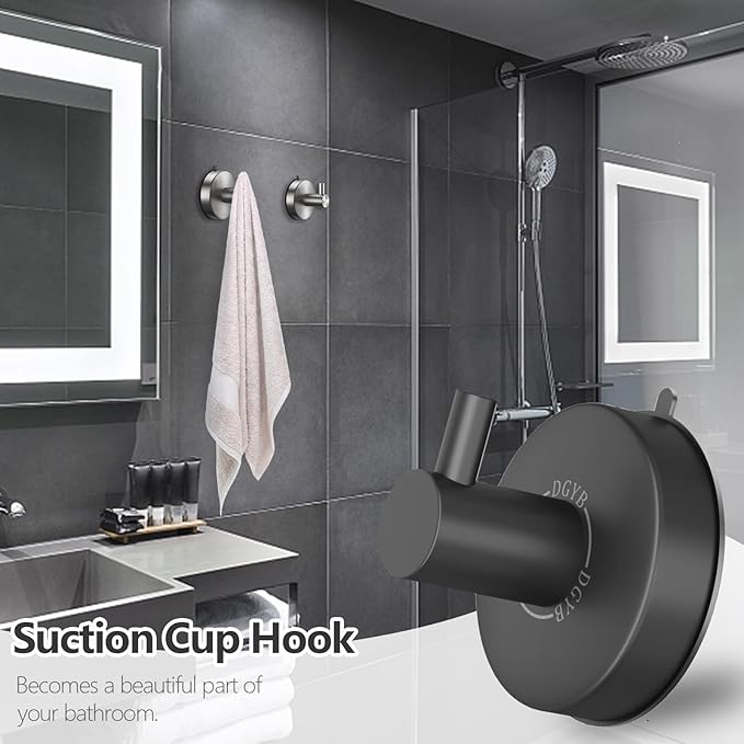 DGYB Suction Cup Hooks - Set of 2 Towel Hooks for Bathrooms - SUS 304 Stainless Steel - Grey - 15 Lb Capacity