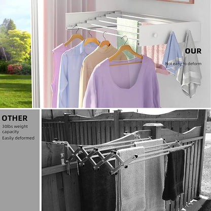 Upgrade Laundry Drying Rack, 31.5" Drying Rack Clothing Wall Mounted,Foldable, 5 Aluminum Rods with 6 Hooks, Space-Saving White Collapsible Drying Racks Hanger for Laundry Bathroom