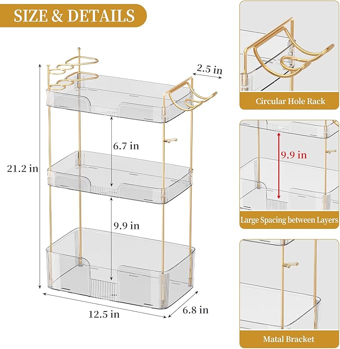 Weidace Bathroom Counter Organizer for Vanity, Makeup Organizer Countertop with Holder, Large Capacity Storage Rack, Perfect Large Skincare, Hair Care, Perfume, Easy to Install (Clear, 3Tiers)