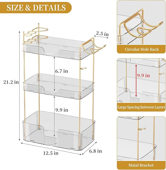 Weidace Bathroom Counter Organizer for Vanity, Makeup Organizer Countertop with Holder, Large Capacity Storage Rack, Perfect Large Skincare, Hair Care, Perfume, Easy to Install (Clear, 3Tiers)