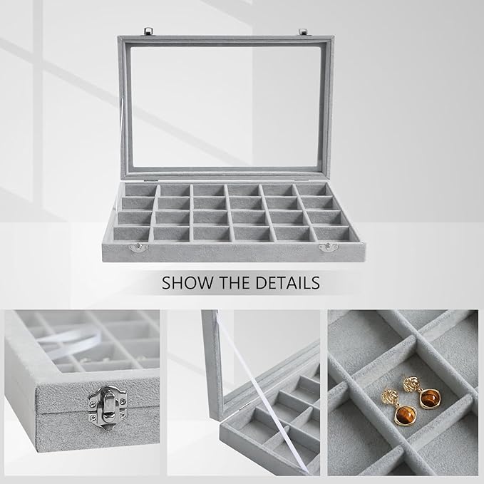 Wudygirl Jewelry Organizer Velvet Jewelry Tray 24 Grid Jewelry Box Earring Holder Organizer Removable Display Case Organizer Glass Top Lid & Lock (24 Grid)