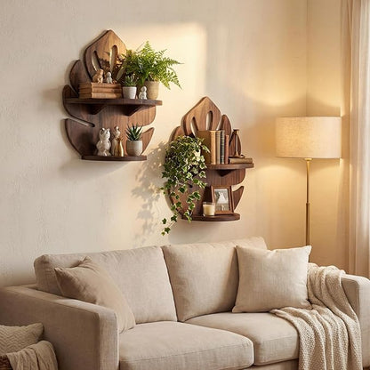 2 Pack Double Layer Palm Leaf Wall Shelves 15.8 x 12.4 Inch Wooden Hanging Shelves with Vintage Hollow Design, Tropical Wall Art for Living Room, Kitchen, Bedroom, Office Decor