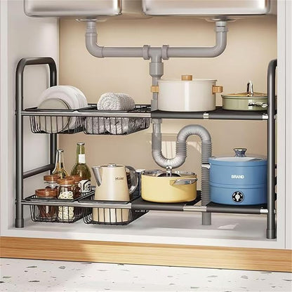 Under Sink Organizers, 2 Tier Stretchable Cabinet Shelf Organizer with 4 Removable Panels and 4 Under Shelf Basket for Under Bathroom Storage,Under Cabinet Shelves,kitchen Sink Storage Rack (black)