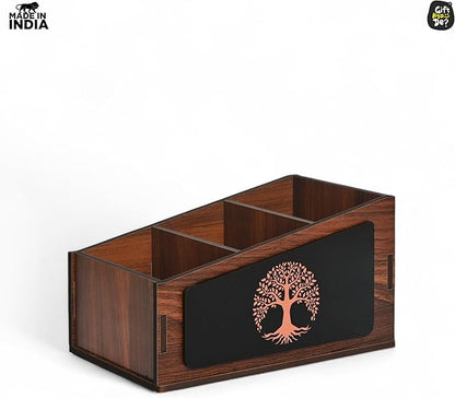 GKD Remote Stand with 3 Sections | Wooden Remote Holder for Living Room, TV, and AC | Stationary Organizer | 3 in 1 | Ideal for Home and Office, New Year Gift, Housewarming Gift (Tree Wood)
