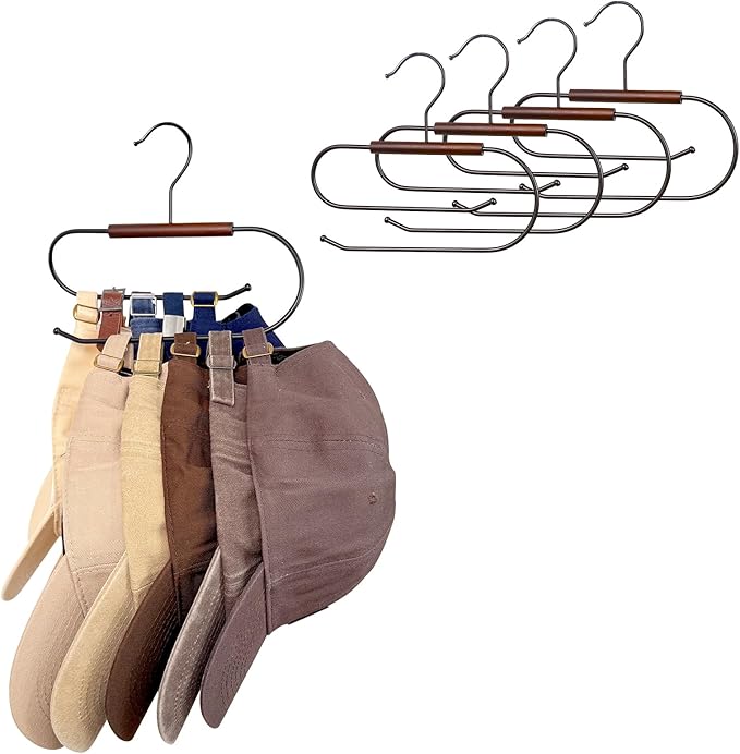 LoforHoney Hat Hangers for Closet, Hat Organizer for Baseball Caps, Wooden & Metal Hat Rack with Double-Layer Hanging, 4-Pack Racks Hold 40 Hats, Ideal for Hats Ties Bags Belts Leggings
