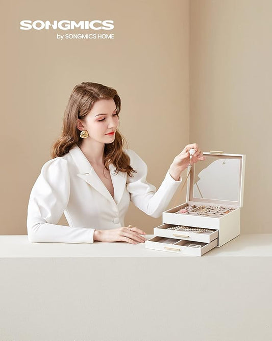 SONGMICS Jewelry Box Organizer with Glass Lid, 3-Layer Jewelry Storage, with 2 Drawers, Modern Style, 8 x 9.1 x 5.3 Inches, Cloud White and Gold Color UJBC239WT