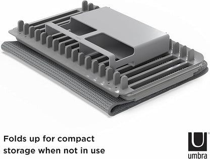 Umbra Udry Dish Rack and Microfiber Drying Mat – Space-Saving Design Folds Up for Easy Storage, Over-Sink Rack, Gray