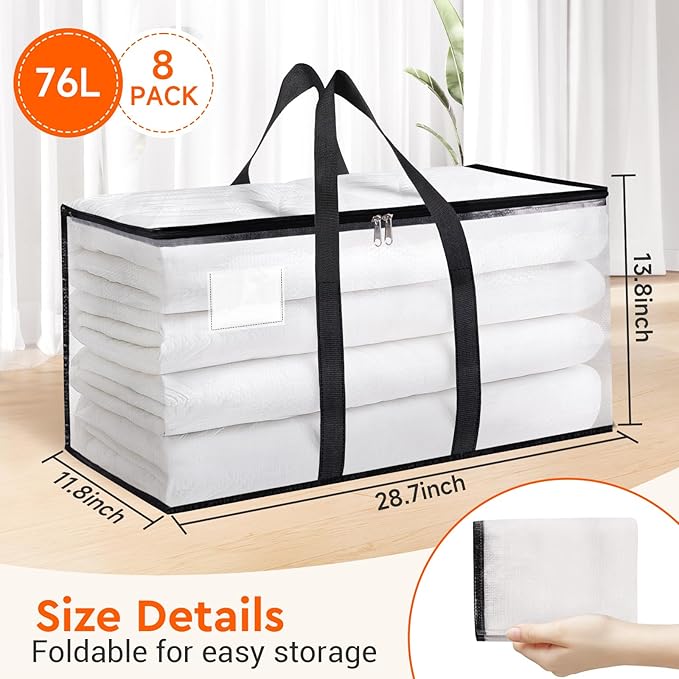 BlissTotes Moving Bags, 8-Pack Storage Bags, Moving Bags Heavy Duty Extra Large, Moving Totes, Clear moving Bags, Reinforced Handles & Tag Pocket (76L)