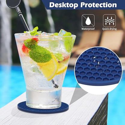 Silicone Coasters Set of 8 Holder,Coasters for Drinks,Beer,Coffee Coasters,Suitable for Kinds Cups,Hot or Cold,Anti-SLI,Non-Stick,Anti-Overflow Tabletop Protection and Decor (12 Pcs, Navy Blue)