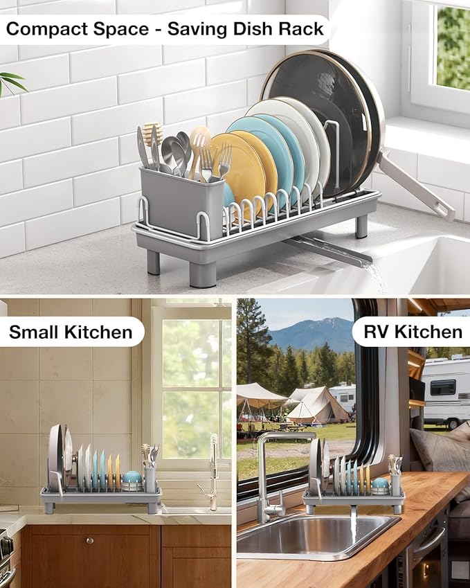 Nfnoyp Dish Rack, Carbon Steel Small Dish Drying Rack Rustproof for Kitchen Counter, Compact Space-Saving Dish Drainer with Adjustable Slots for Small Kitchens & Apartments, 16.5×6.5×7inch, Grey