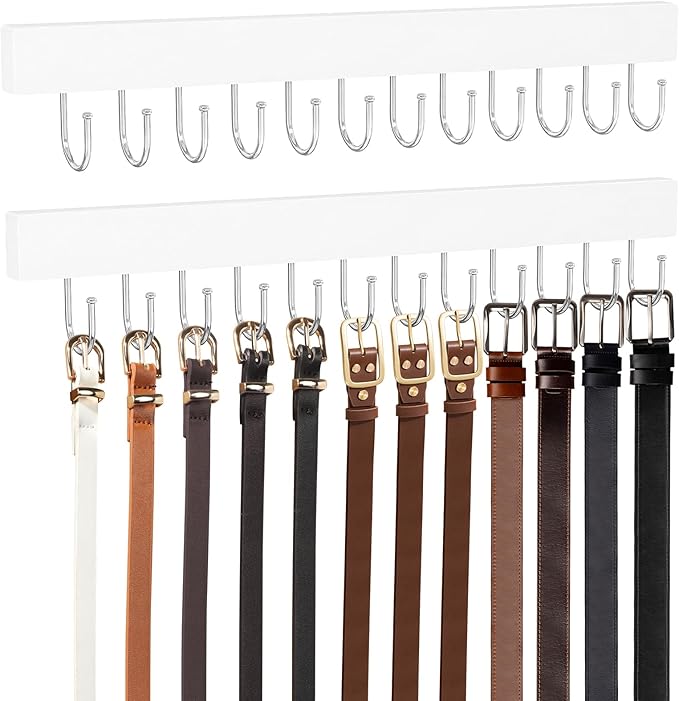 HOMEBROS Belt Hanger Wall Mount, Wooden Closet Belt Organizer with 24 Metal Hooks, Large Capacity, White, 2 Pcs