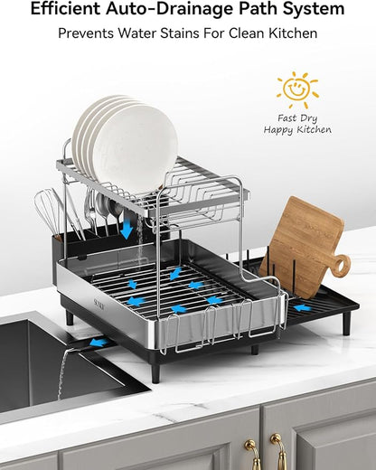 SUNLY 2 Tier Dish Drying Rack, Extra Large Dish Rack, Expandable Dish Racks for Kitchen Counter, Multifunctional Large Dish Drainers for Kitchen Counter, Black