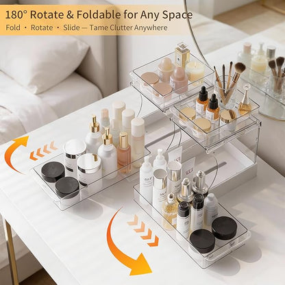 Attelite Under Sink Organizer, 2 Tier Pull Out Cabinet Organizer with 180° Rotating & Foldable Design, 2 Pack Sliding Drawers for Kitchen & Bathroom Storage, Fits Under Sink, Pantry, Cabinet