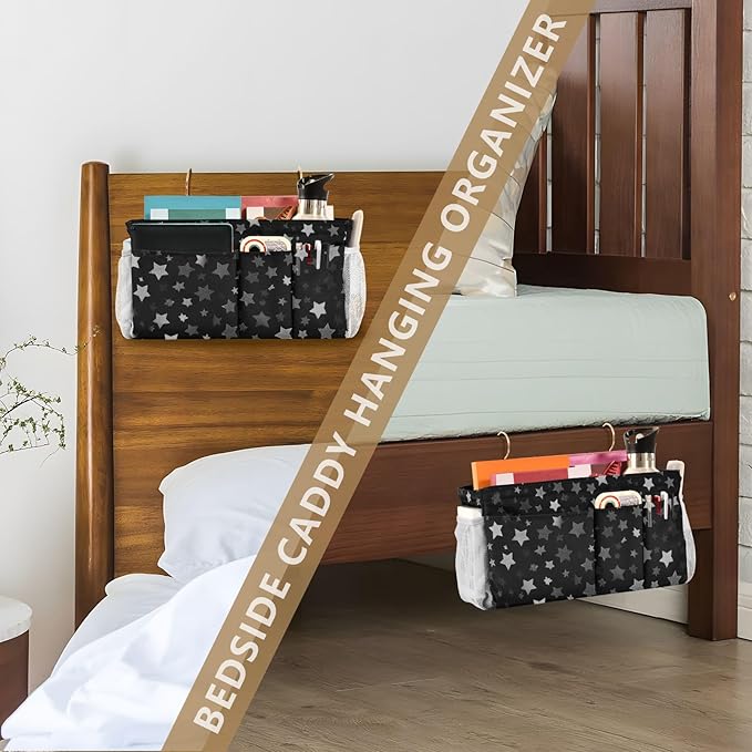CuwrYet Bedside Caddy Hanging Bunk Bed Caddy Bed Organizer Hanging Pocket with 2 Hooks Bedside Storage Organizer Pocket Bag Holder Silver Stars Black