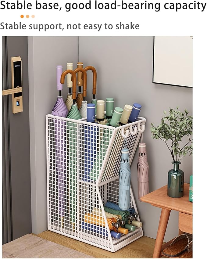 Commercial Metal Umbrella Stand Indoor Large-Capacity Entrance Umbrella Storage Rack with Removable Drip Tray Indoor Hotel Corridor Entrance Metal Stand Rack for Hotel,Offices(White)