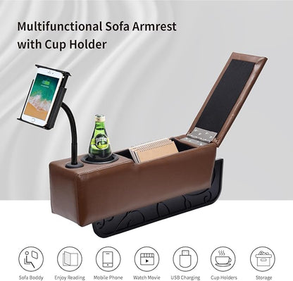 Sofa Armrest with Cup Holder, PU Leather Multifunctional Couch Arm Rest Insert, Removable Couch Caddy with Storage, Equipped with LED Reading Light & Wireless Charge Stand