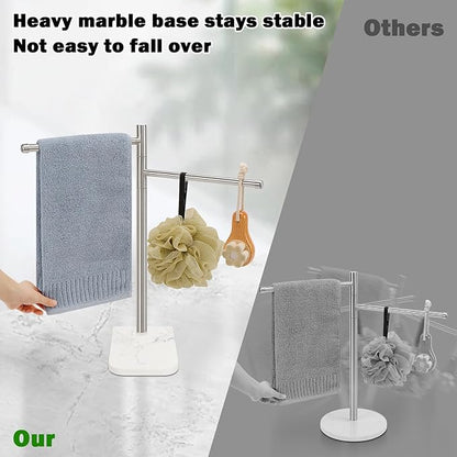 Standing Hand Towel Holder, Hand Towel Stand with Marble Base, 304 Stainless Steel Towel Rack with 2 Swivel Arm, Countertop Stand Towel Ring Towel Bar for Bathroom (Brushed Nickel