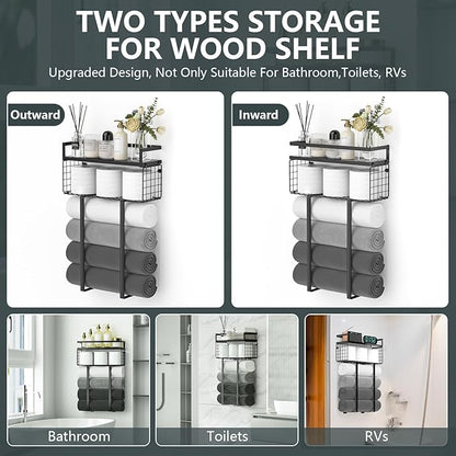 Towel Racks for Bathroom, Metal Towel Holder with Storage Basket,Wall Towel Rack for Rolled Towels, Towel Storage for Small Bathroom,Black