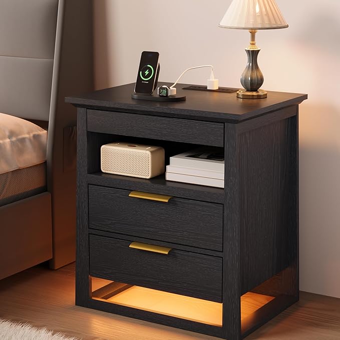 Rresyet 3 Drawer Nightstand with Charging Station & LED Lights & Open Shelf, Modern Night Stand with Storage, Wooden Bedside Table for Bedroom Room, Office (Black)
