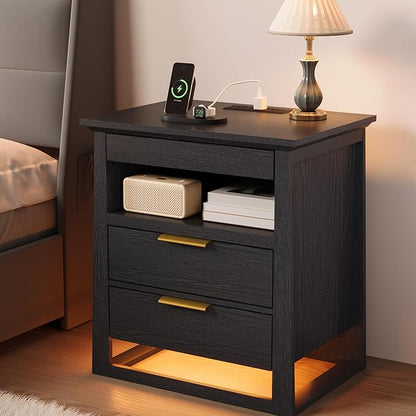 Rresyet 3 Drawer Nightstand with Charging Station & LED Lights & Open Shelf, Modern Night Stand with Storage, Wooden Bedside Table for Bedroom Room, Office (Black)