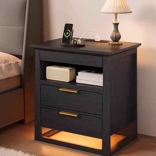 Rresyet 3 Drawer Nightstand with Charging Station & LED Lights & Open Shelf, Modern Night Stand with Storage, Wooden Bedside Table for Bedroom Room, Office (Black)