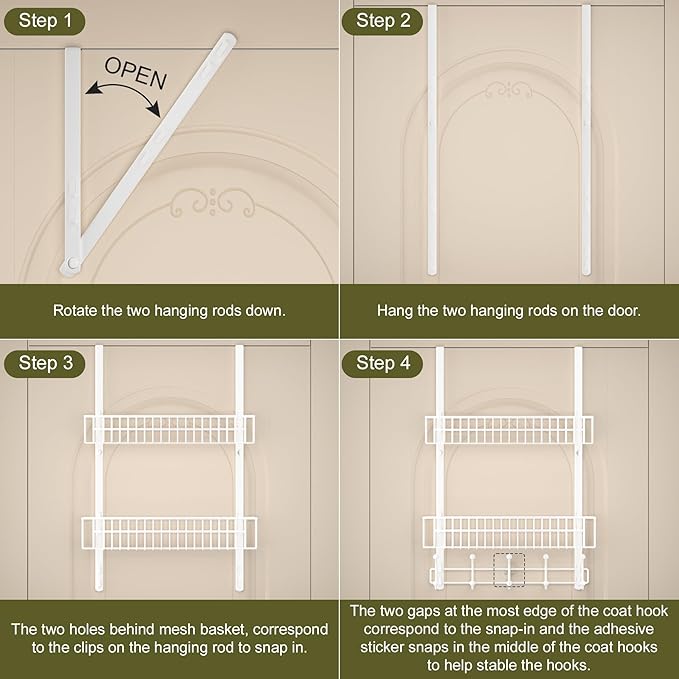 Aimeaihe Over The Door Hooks, Door Hanger Towel Rack with 10 Coat Hooks & 2 Mesh Basket, Over Door Storage Organizer for Bathroom, Bedroom, Kitchen, Office, Easy Installation, White