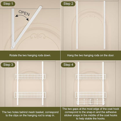 Aimeaihe Over The Door Hooks, Door Hanger Towel Rack with 10 Coat Hooks & 2 Mesh Basket, Over Door Storage Organizer for Bathroom, Bedroom, Kitchen, Office, Easy Installation, White