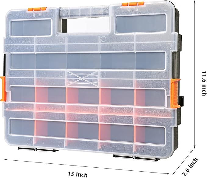 MIXPOWER 15-inch 2pcs Toolbox Organizer Sets, 20 Removable Dividers, Durable Plastic Box, Excellent for Screws, Nuts, Small Parts, 34-Compartment Black/Orange 2 Pieces Set