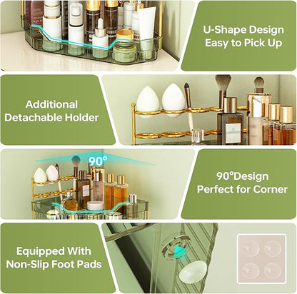 ZZWILLB Corner Bathroom Counter Organizer with Makeup Brush Holder & Toothbrush Holders, Makeup Organizer for Vanity Countertop, Acrylic Skincare Storage Shelf (Green, 3-Tier)