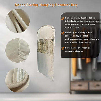 Space Saving Hanging Garment Bag, Hanging Compression Bags for Coats, for Closet Storage, Compression Hanging Garment Bag Protects Clothes from Wrinkles, Dust-resistant (Beige,L)