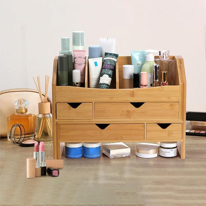 Lawei Bamboo Desk Organizer with Adjustable File Holder, Mini Desk Drawer Tabletop Organization Box with 4 Drawers for Makeup, Letter, Pens, Home Office Supplies, Vanity, 3 Layer, Fully Assembled